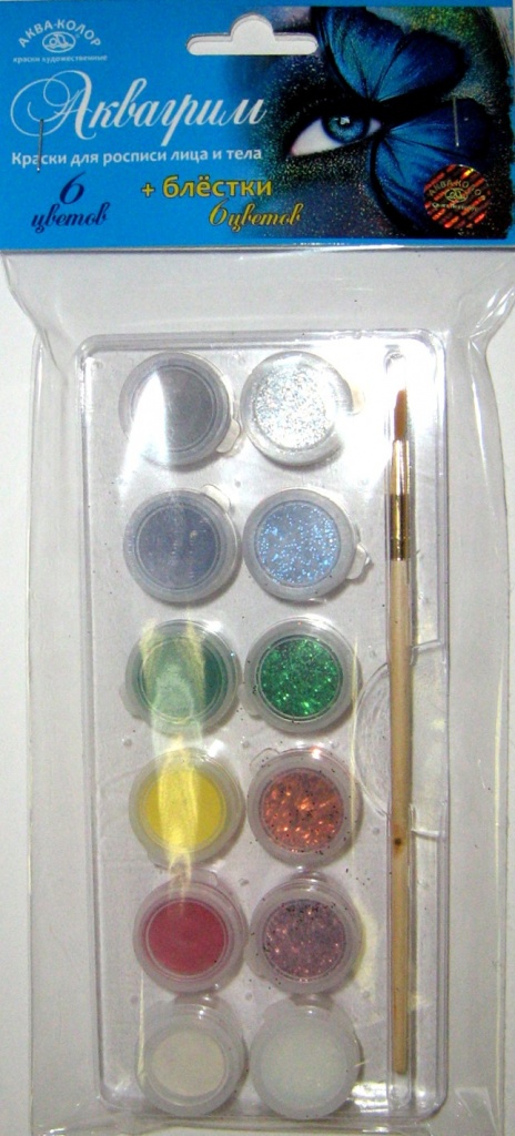 Аквагрим с блёстками, набор (6цв + 6цв.) с кисточкой, 36 мл